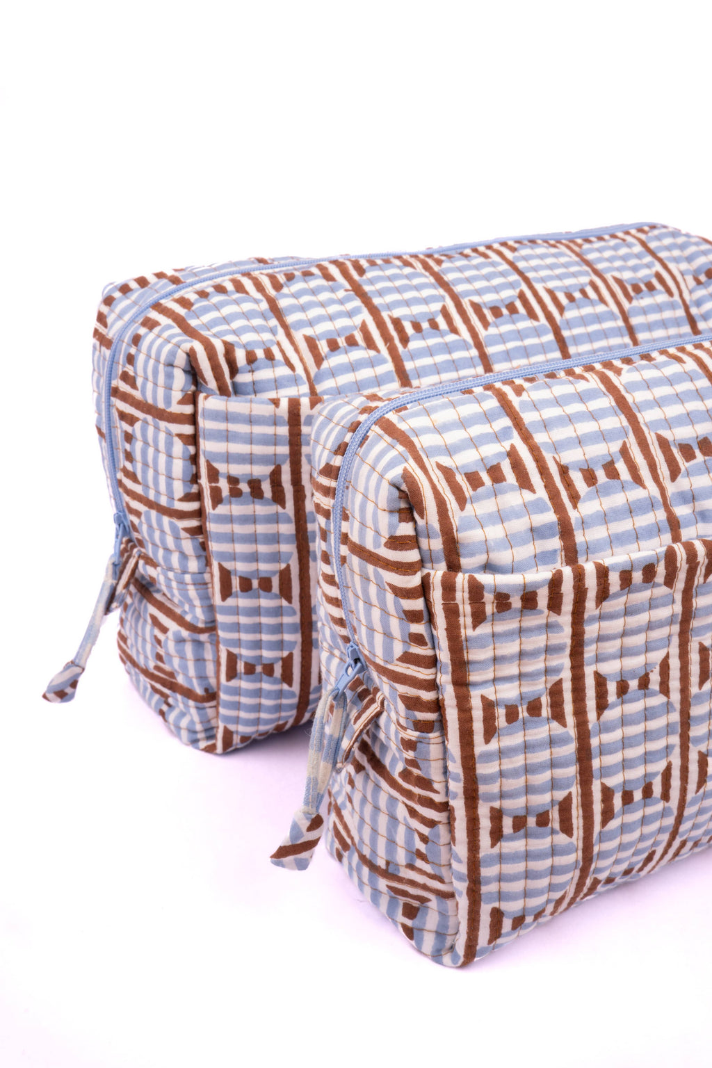 Striped Circles Blockprint Travel Pouch – Brown & Blue Medium-Inner Child