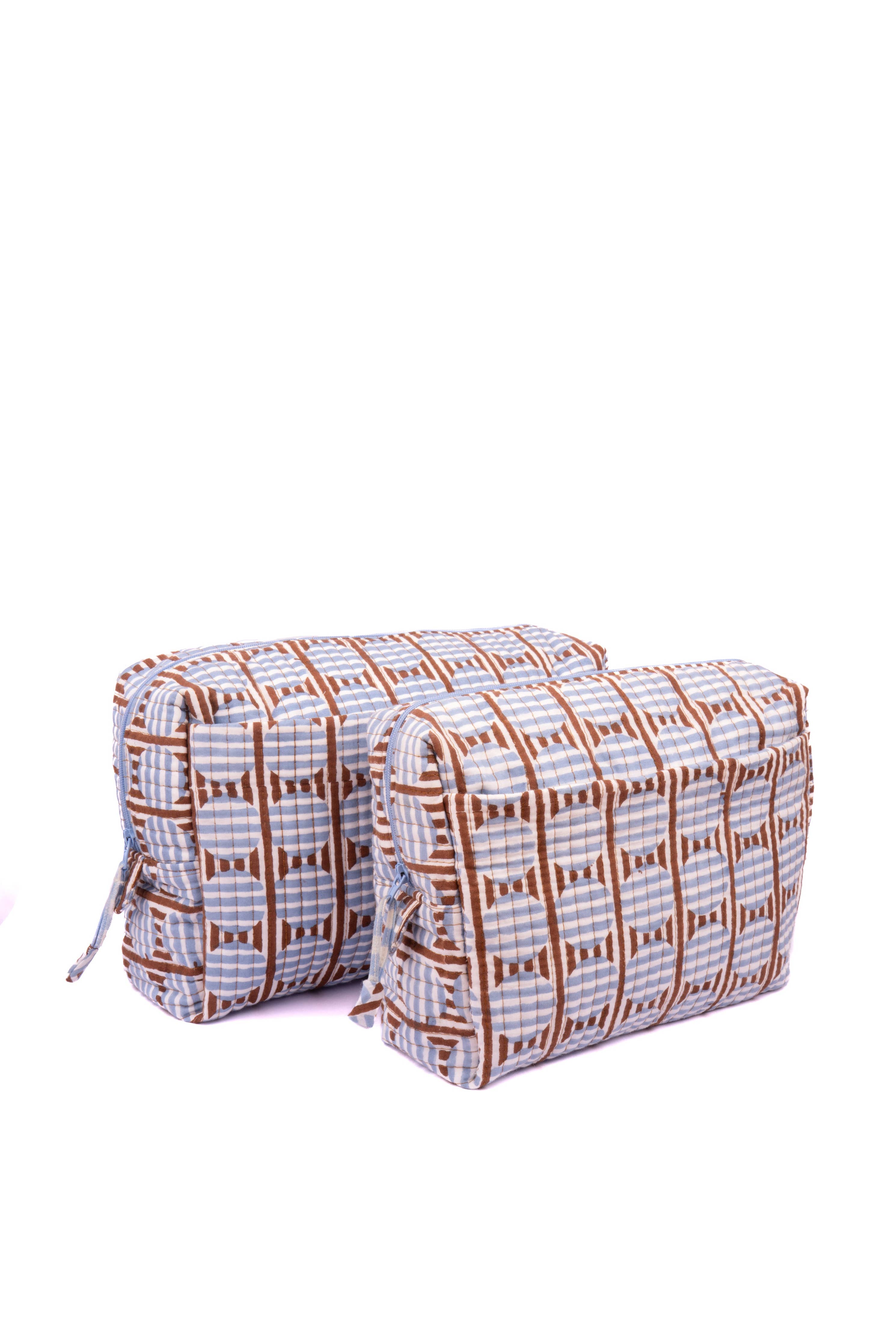 Striped Circles Blockprint Travel Pouch – Brown & Blue Medium-Inner Child