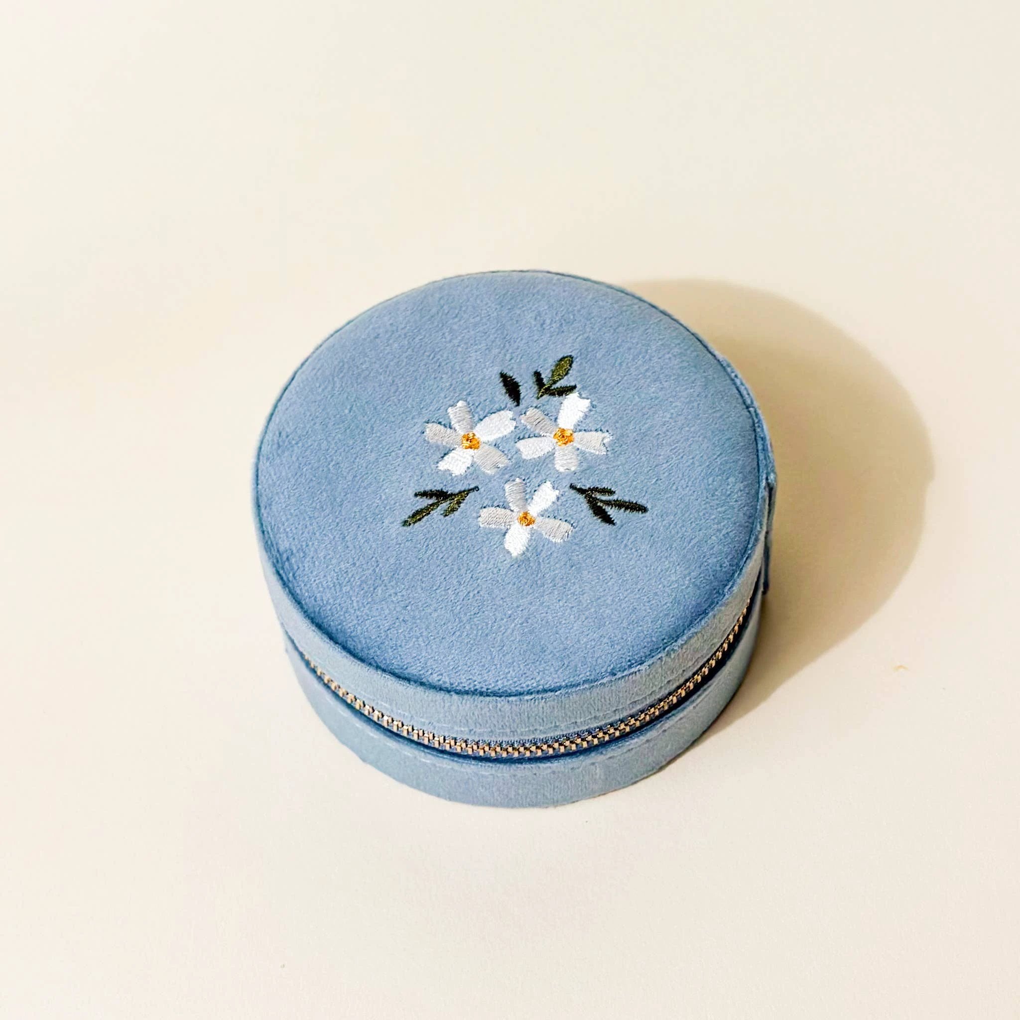The Darling Effect - Round Velvet Jewelry Case-Floral Misty Blue by The Darling Effect