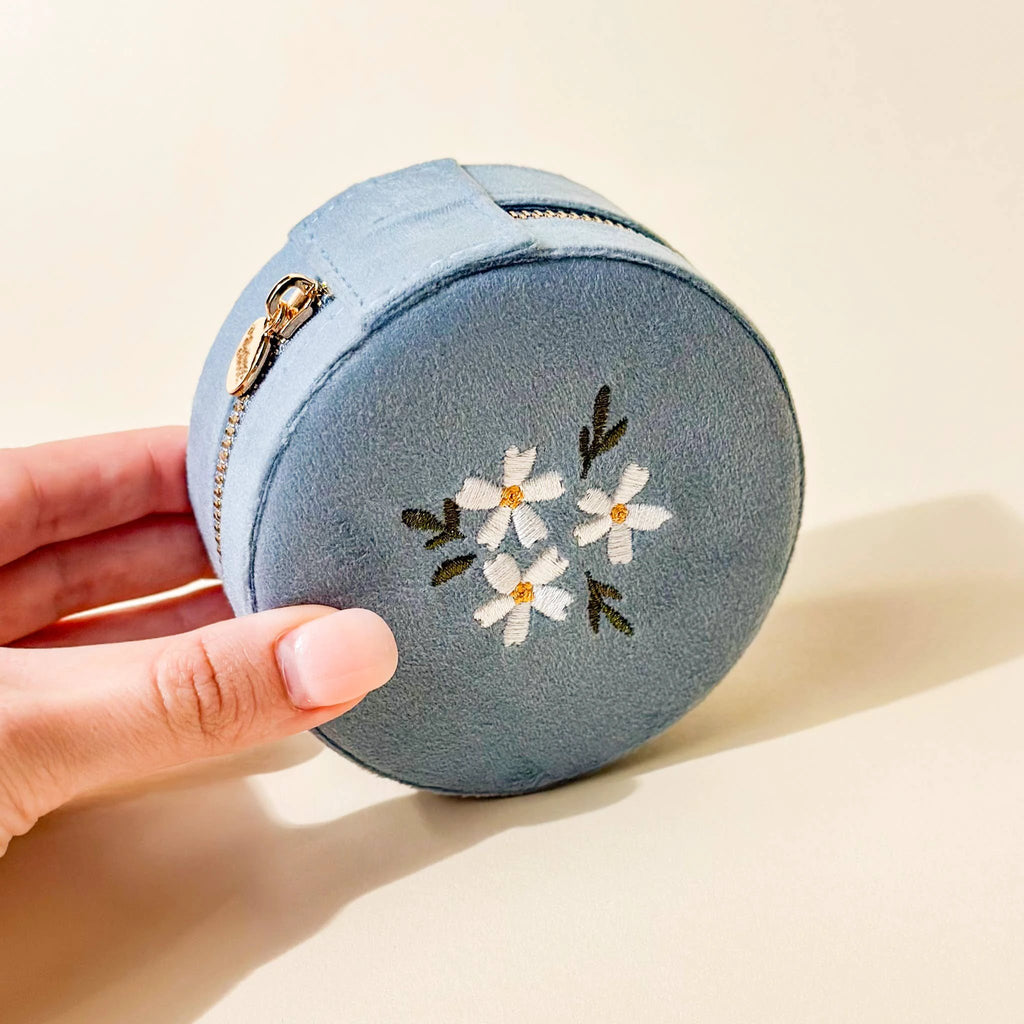 The Darling Effect - Round Velvet Jewelry Case-Floral Misty Blue by The Darling Effect