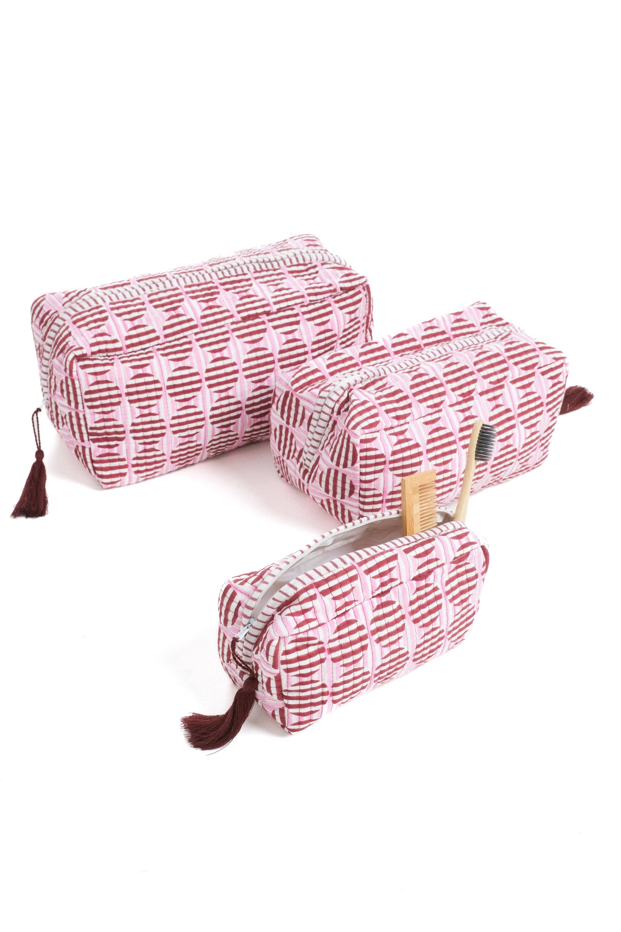 Striped Circles Blockprint Makeup Bag – Burgundy & Pink Small-Inner Child