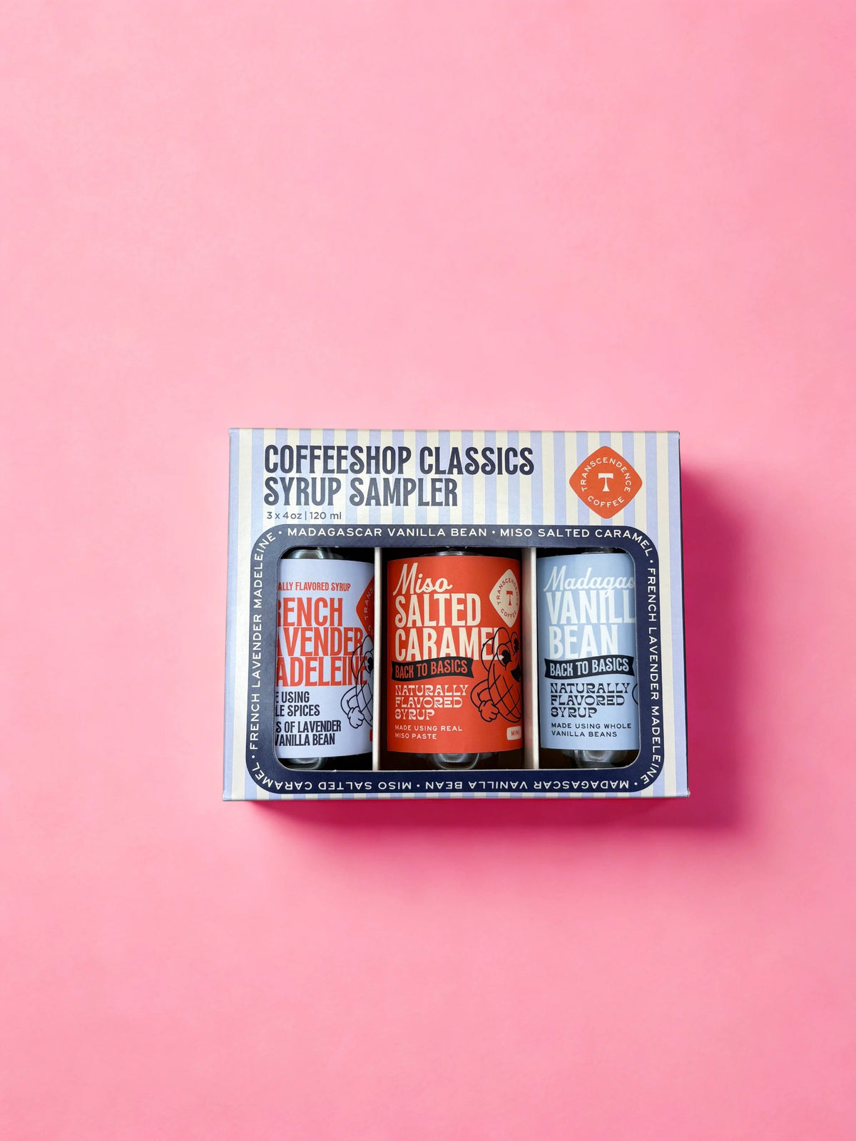 Mini Coffeeshop Classics Syrup Sampler box with French Lavender Madeleine, Miso Salted Caramel, Madagascar Vanilla.