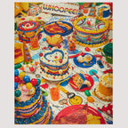 Happy Birthday celebration with colorful layered cakes, balloons, and festive party chaos from childhood memories