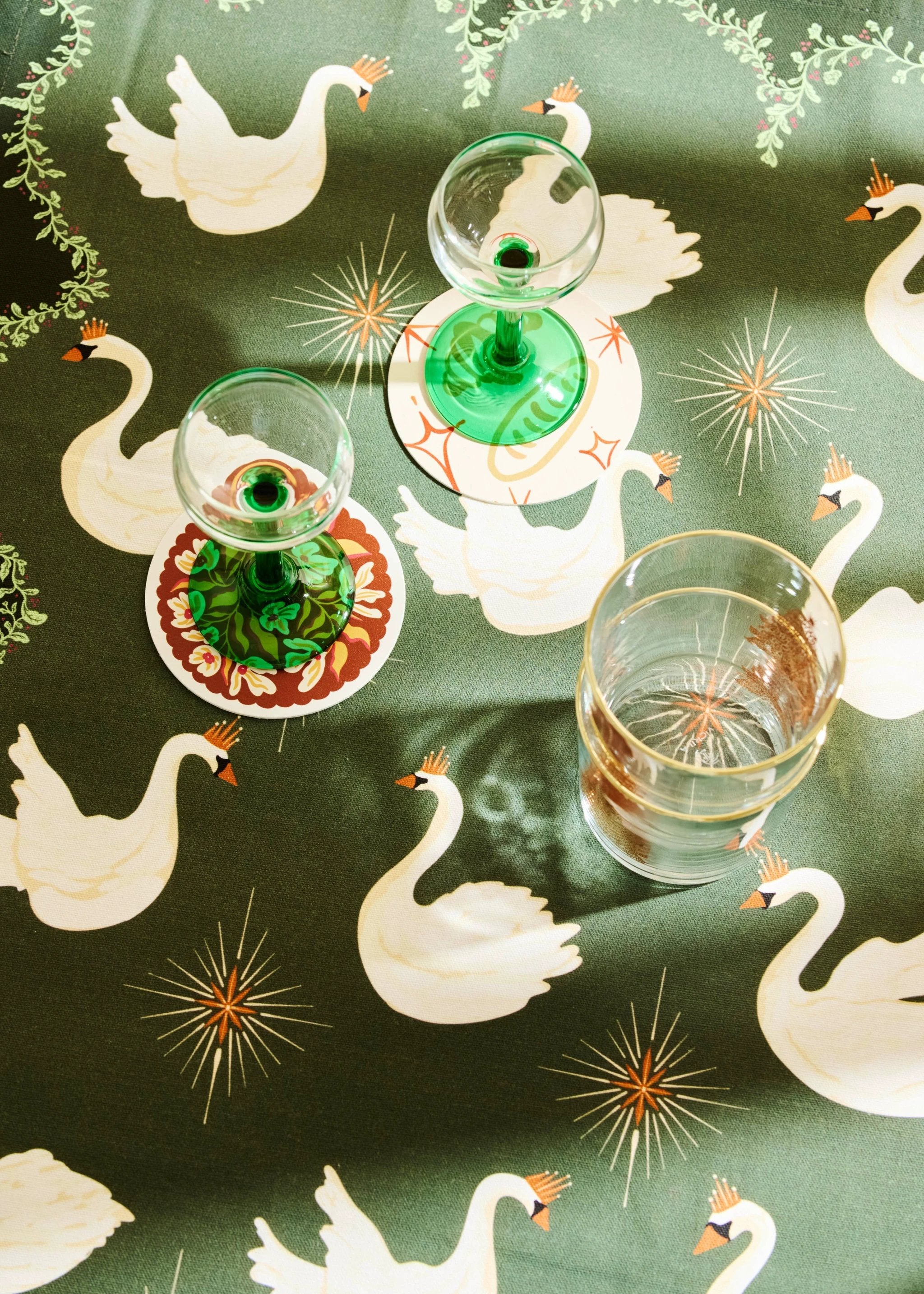 One & Only Paper - Celestial Swans Green Tea Towel by One & Only Paper