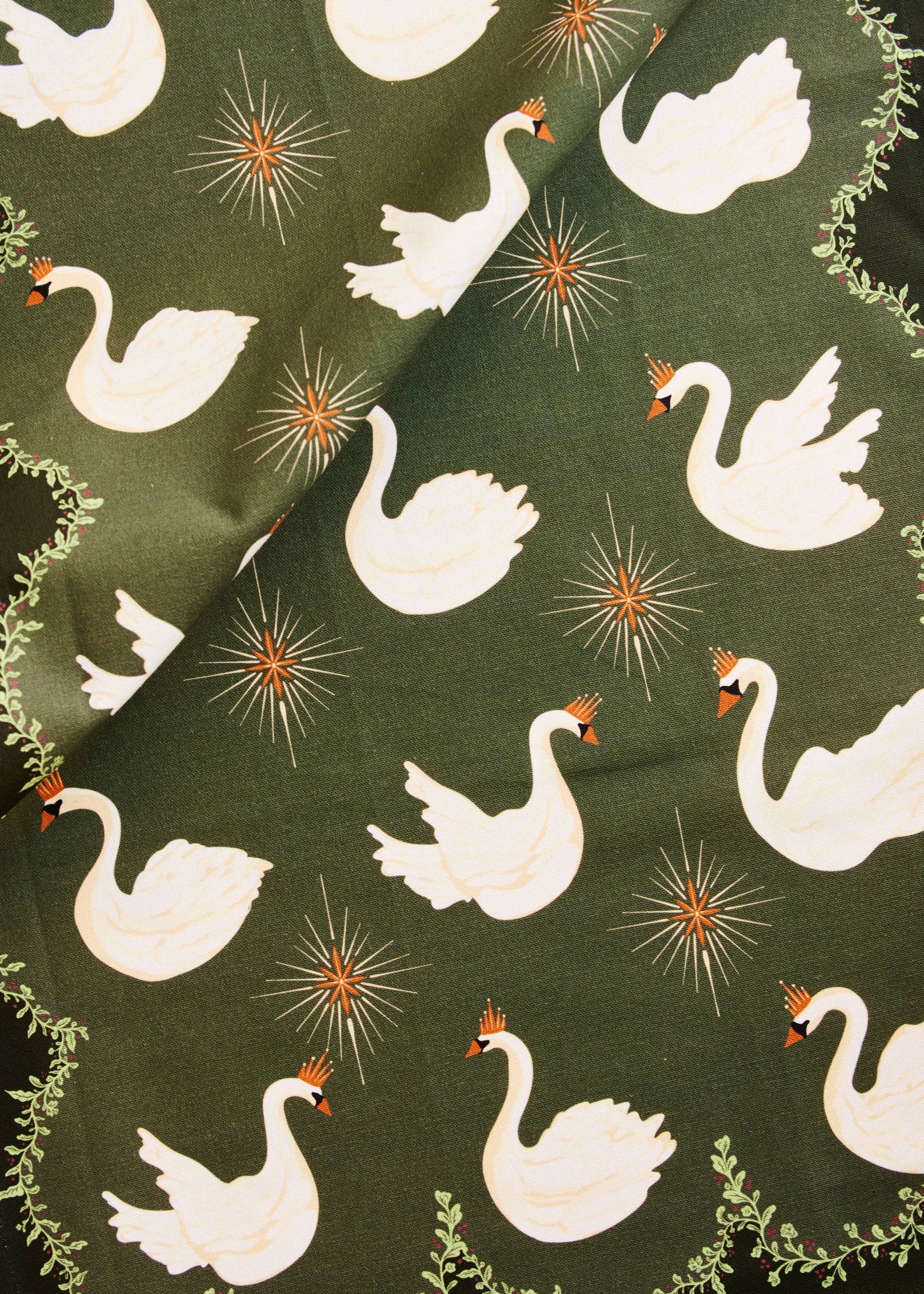 One & Only Paper - Celestial Swans Green Tea Towel by One & Only Paper