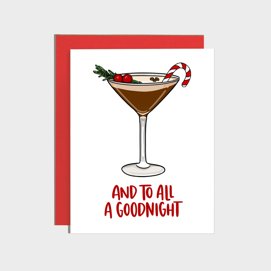 Espresso Martini Holiday Card featuring a cocktail glass, candy cane, cranberries, and And To All A Goodnight.