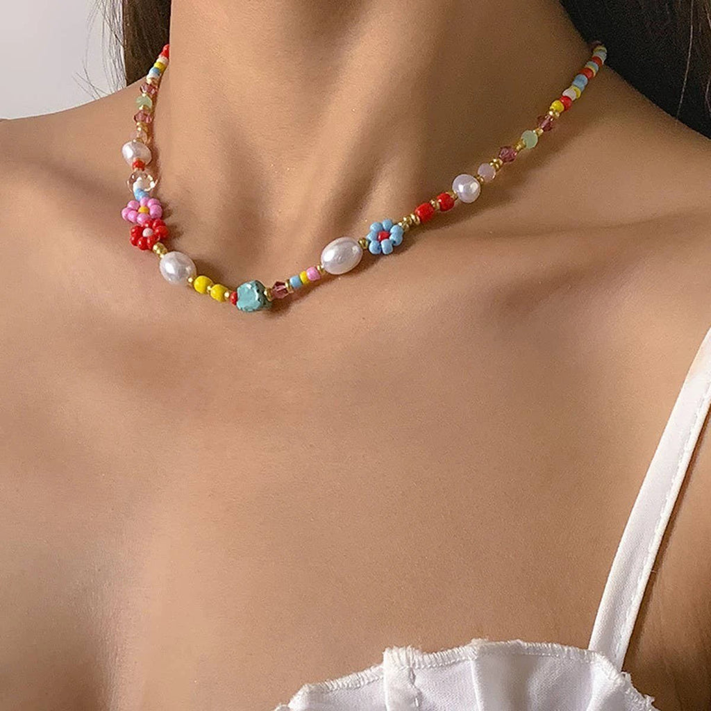 JOSSLYN by wall to wall - Multi Colored Flower Daisy Pearl Stone Necklace by JOSSLYN by wall to wall