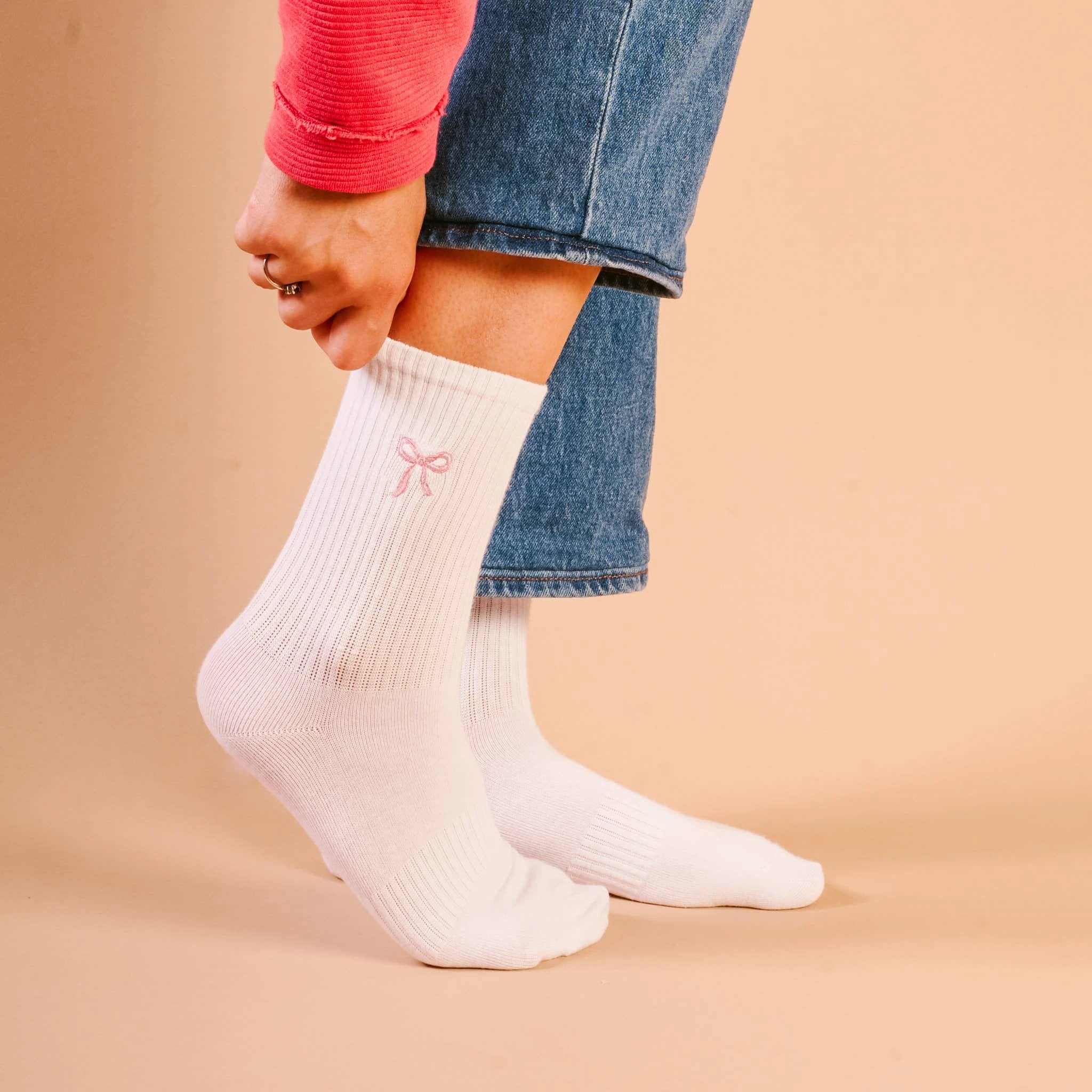 The Darling Effect - Embroidered Crew Socks-Pink Bow by The Darling Effect