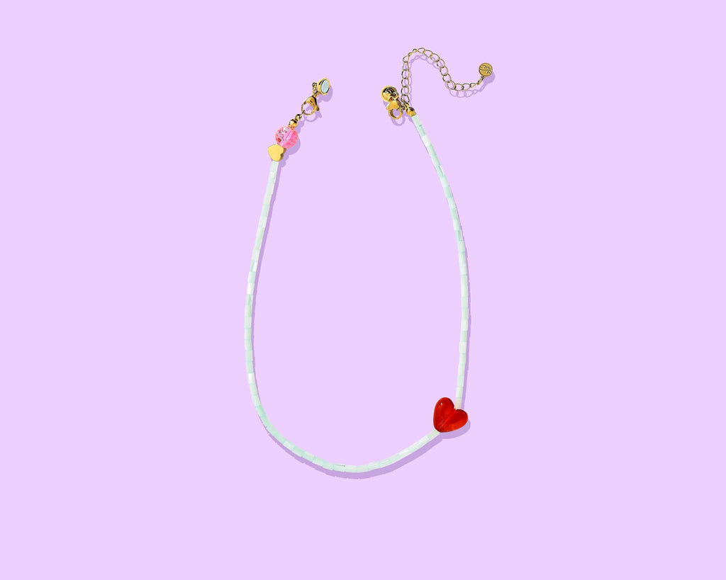 Taylor Elliott Designs - Beaded Necklace - Blue Beads w/Red Glass Heart Charm - Amore by Taylor Elliott Designs