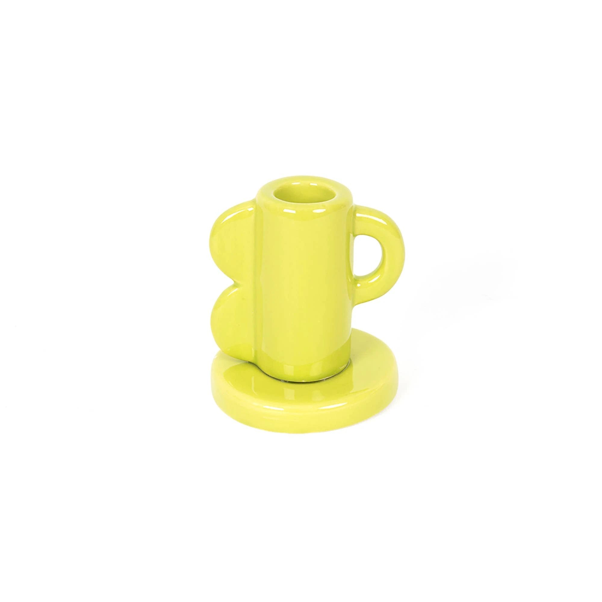 Lime Vintage Waves Candle Holder with built-in handle, circular base, and wavy side accents.
