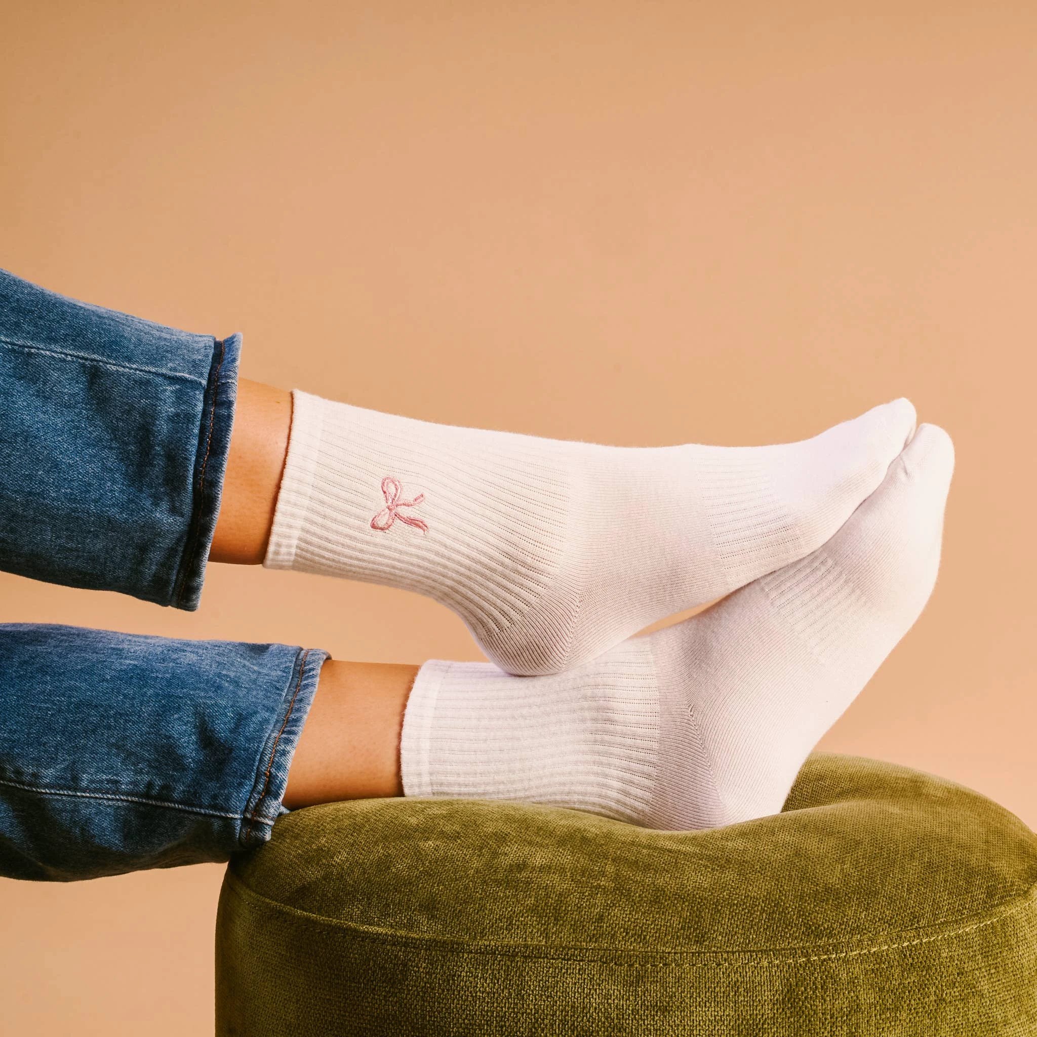 The Darling Effect - Embroidered Crew Socks-Pink Bow by The Darling Effect