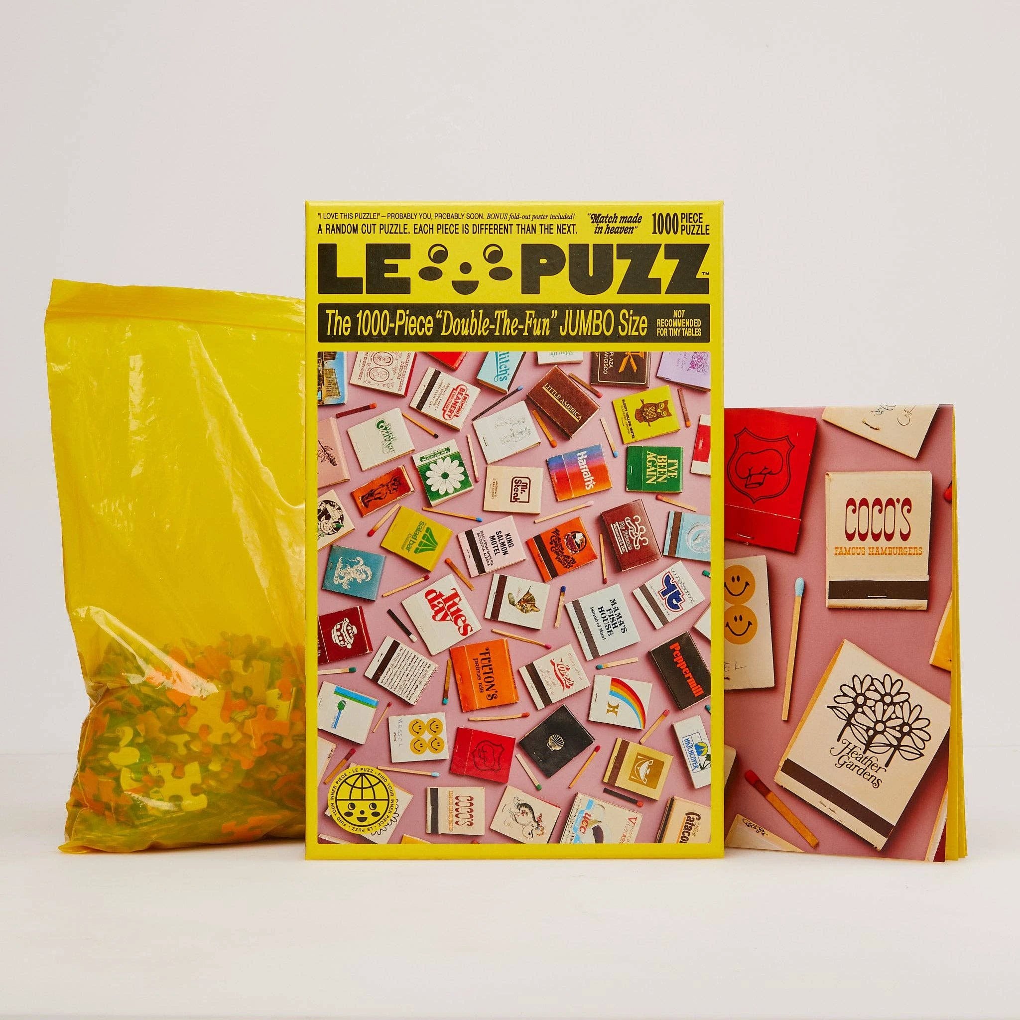 Match Made in Heaven 1000-Piece Puzzle: collage of colorful vintage matchbooks with diverse graphic designs.