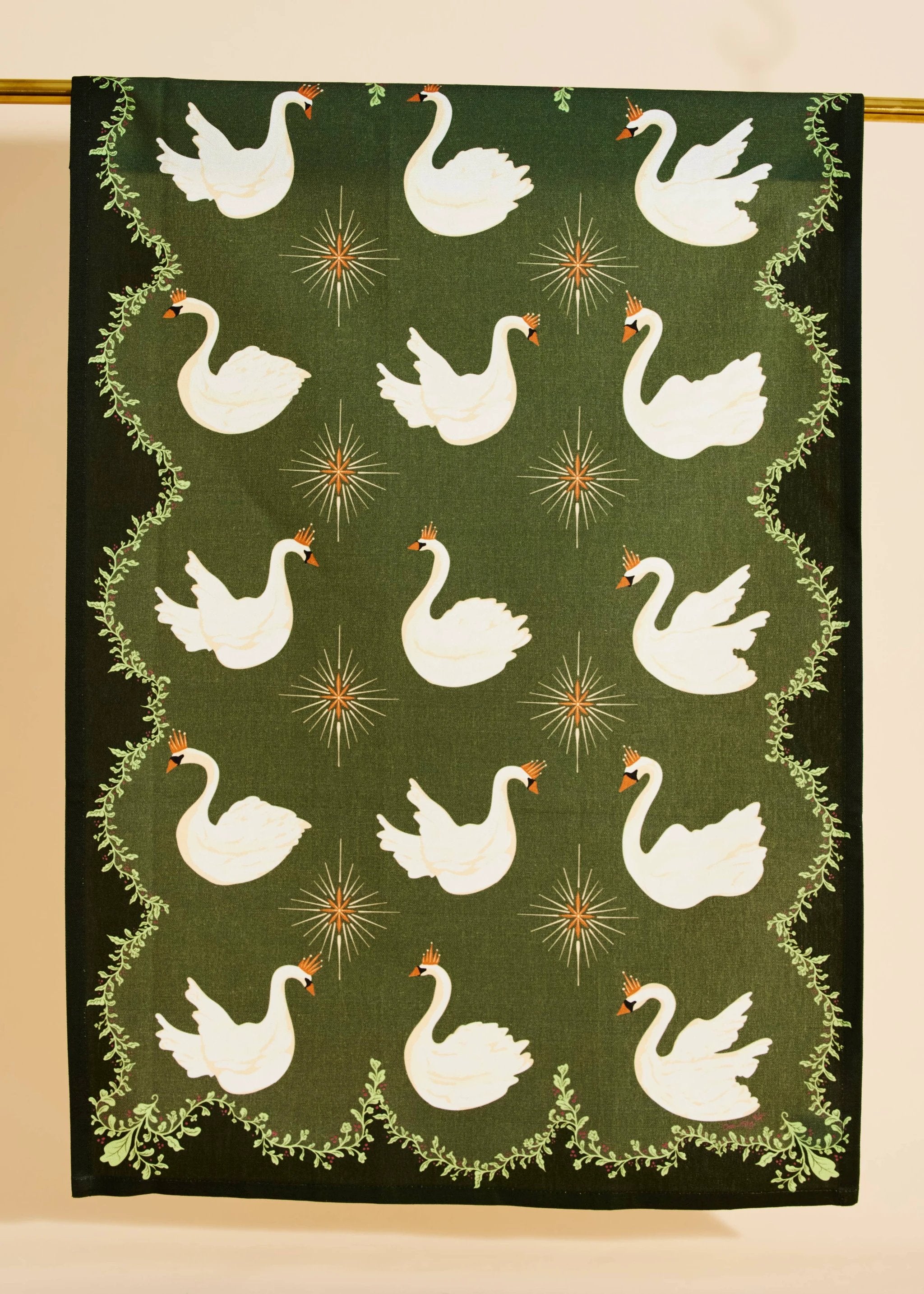 One & Only Paper - Celestial Swans Green Tea Towel by One & Only Paper