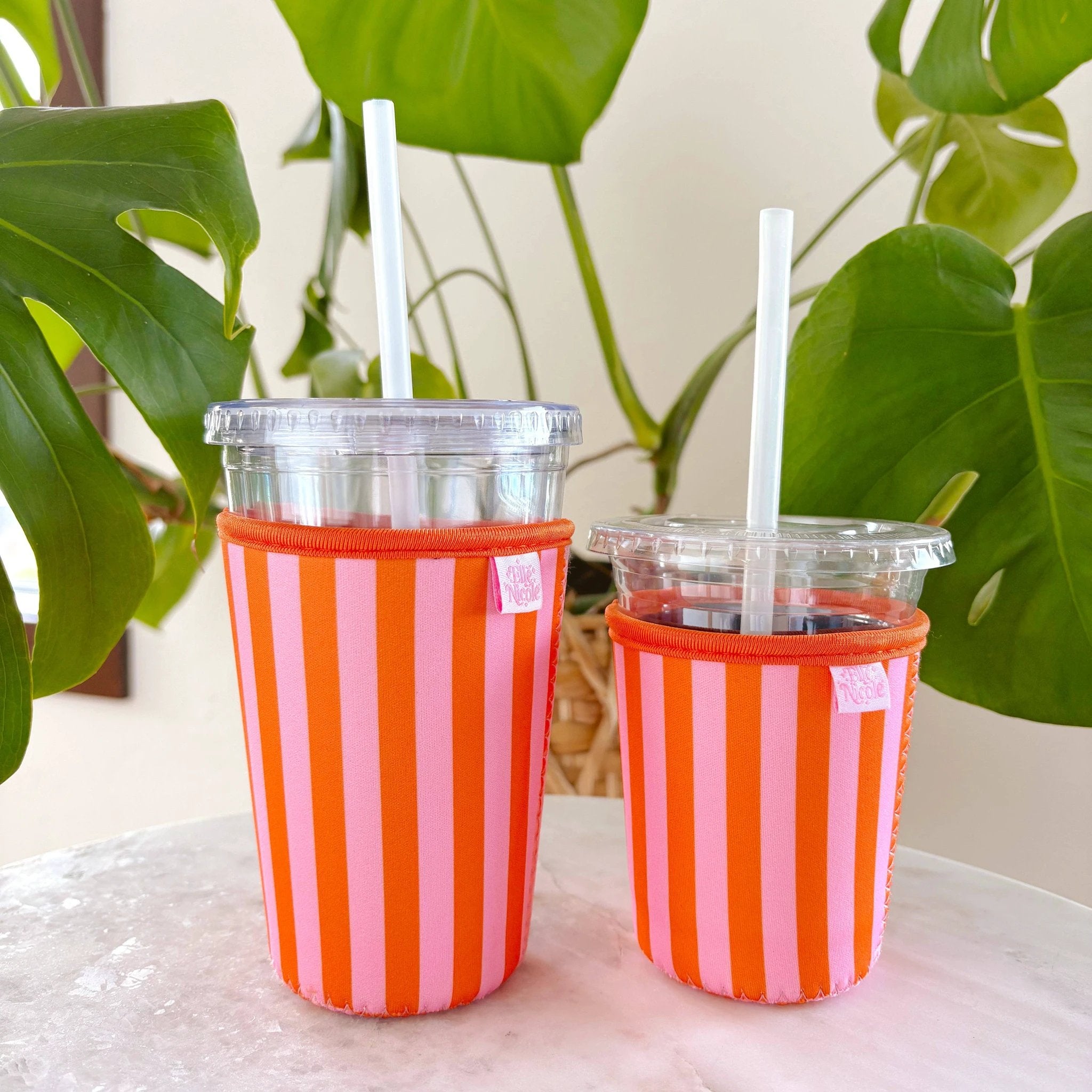 Elle Nicole - Coffee Cup Cover - Pink & Orange Stripes - Iced Drink Sleeve - Large / 24oz by Elle Nicole