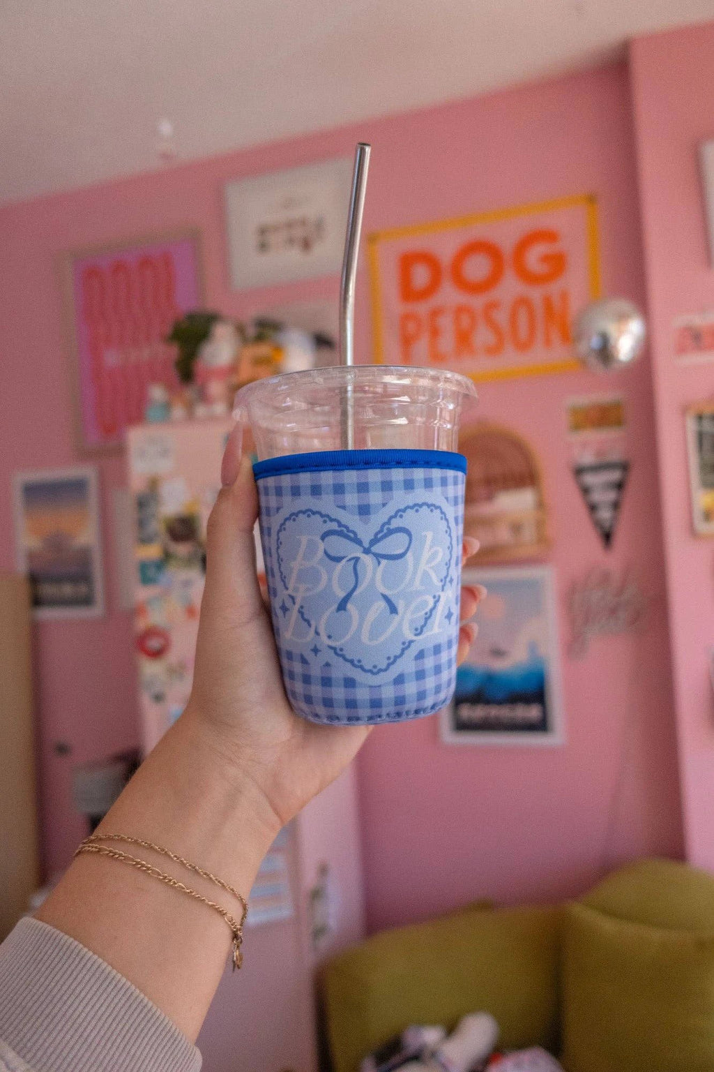 Book Lover Blue Gingham Coffee Sleeve by Jollie Ollie Designs