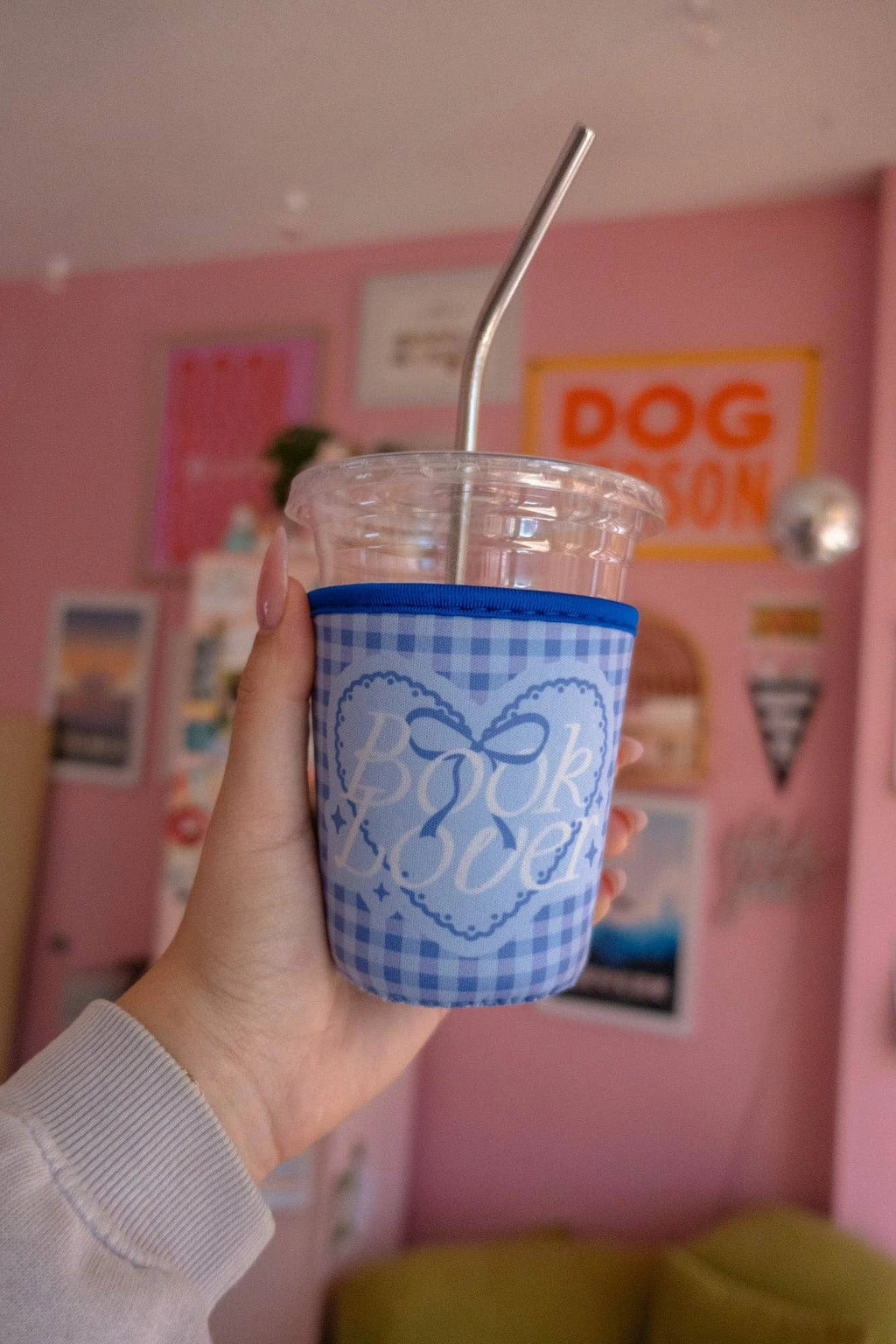 Book Lover Blue Gingham Coffee Sleeve by Jollie Ollie Designs