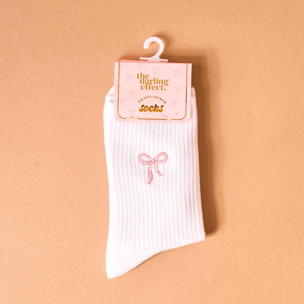 The Darling Effect - Embroidered Crew Socks-Pink Bow by The Darling Effect