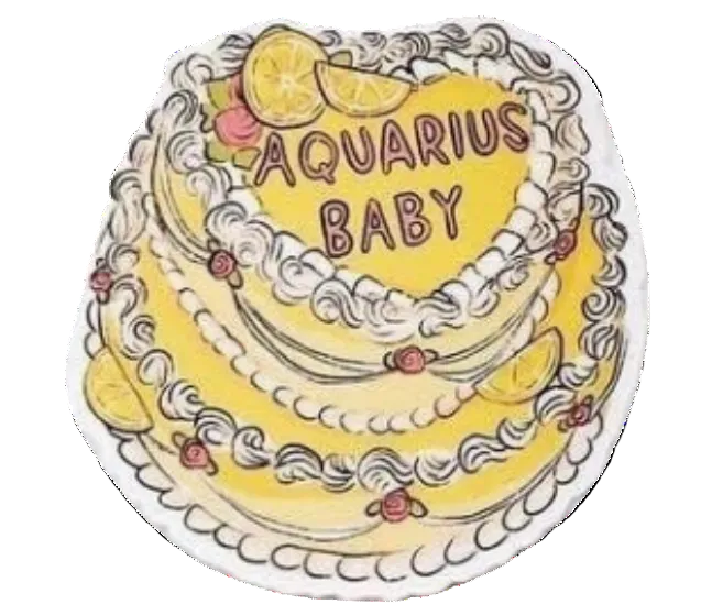 Decorative cake with 'Aquarius Baby' text on a white background
