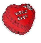 Red heart-shaped sign with 'Virgo Baby' text on a white background