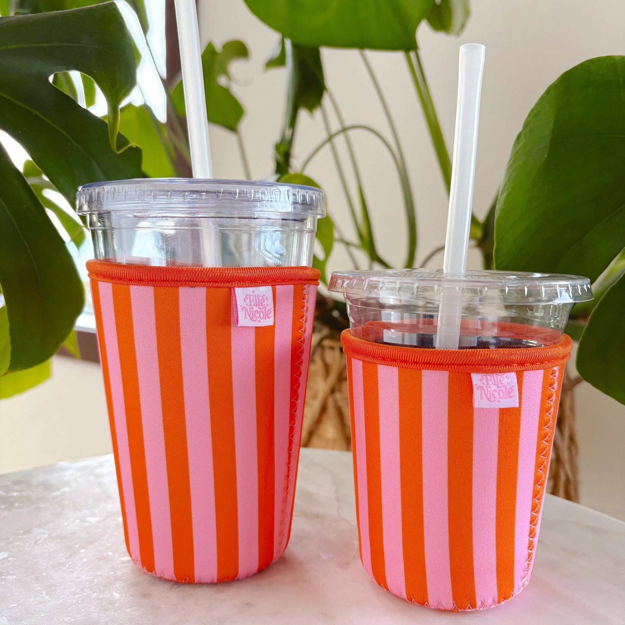Elle Nicole - Coffee Cup Cover - Pink & Orange Stripes - Iced Drink Sleeve - Large / 24oz by Elle Nicole