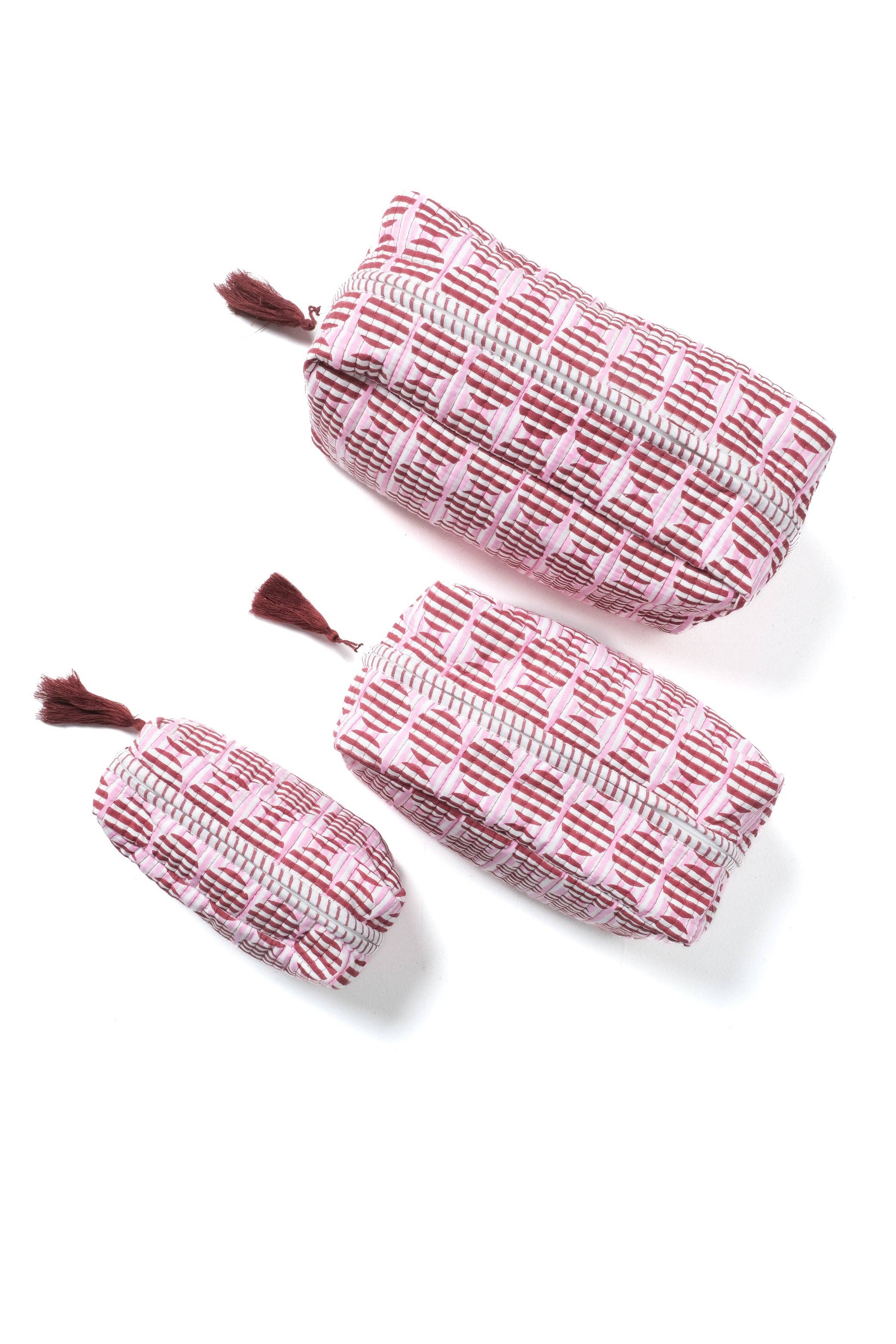 Striped Circles Blockprint Makeup Bag – Burgundy & Pink Small-Inner Child