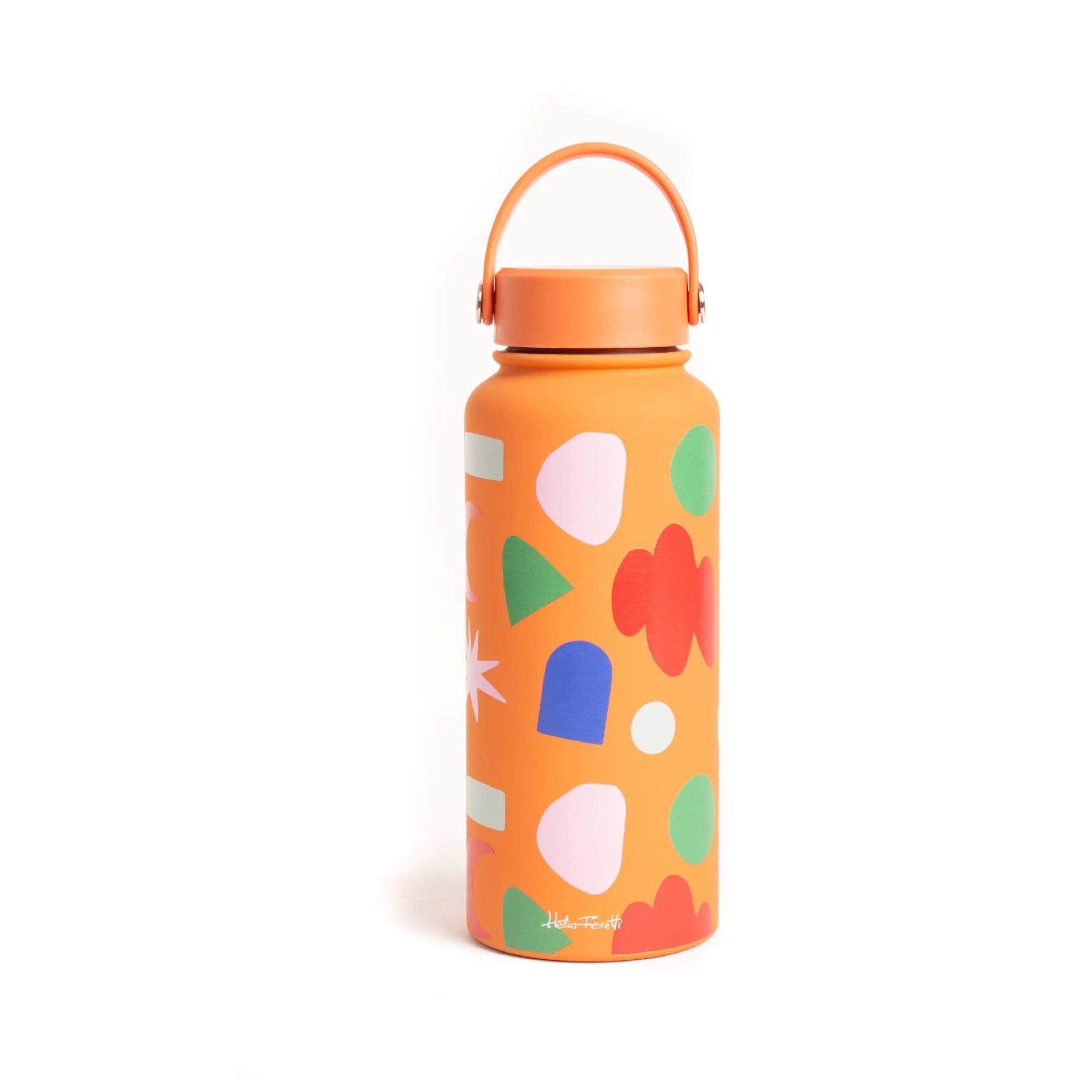 Bottle Playful 1L: orange bottle with colorful abstract shapes and a looped handle.