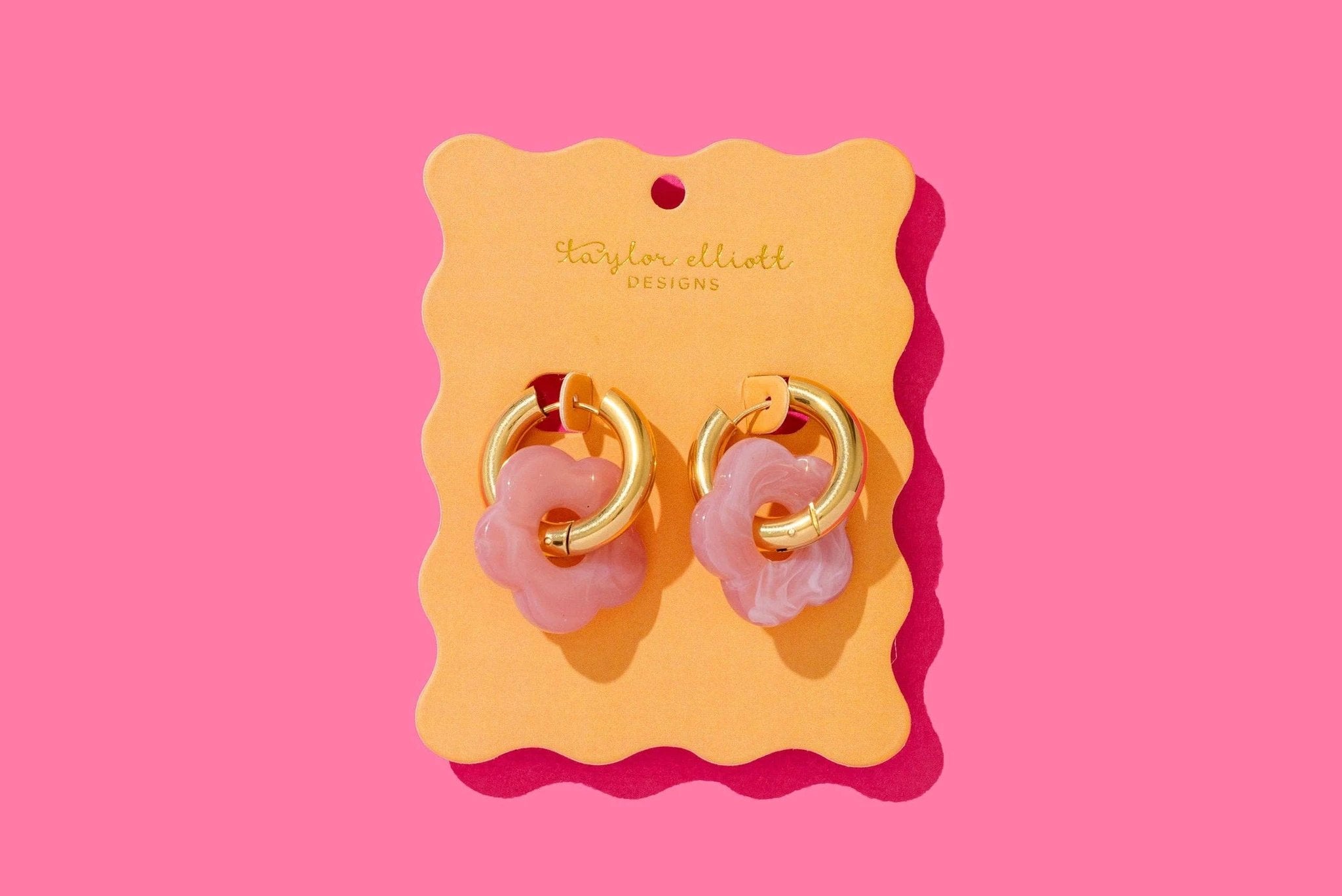 Taylor Elliott Designs - Huggie Earrings - Gold Hoops + Pink Acrylic Flowers - Laurel by Taylor Elliott Designs